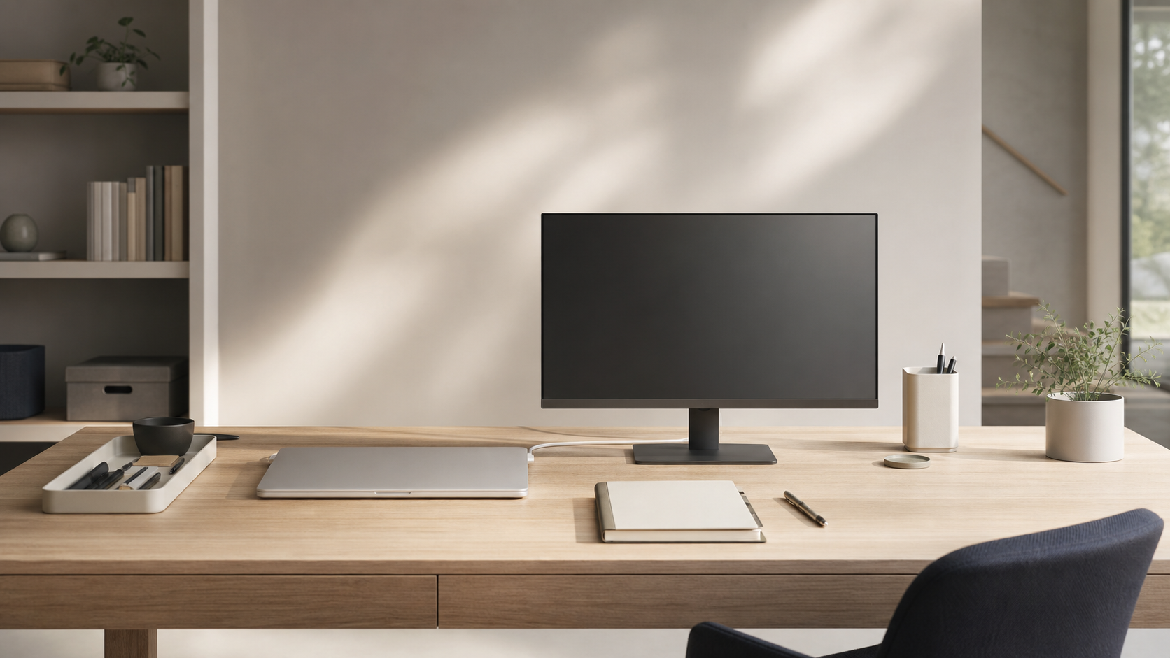 A calm, organized oak workspace with a monitor, laptop, notebook, and minimal accessories