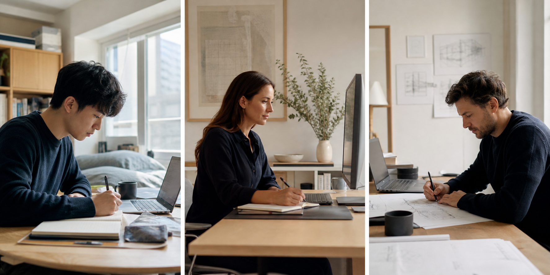 Students and professionals working in calm home workspaces