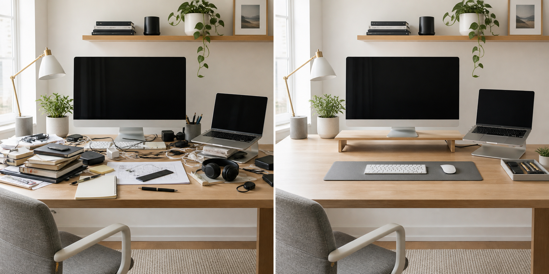 The same desk before and after organization